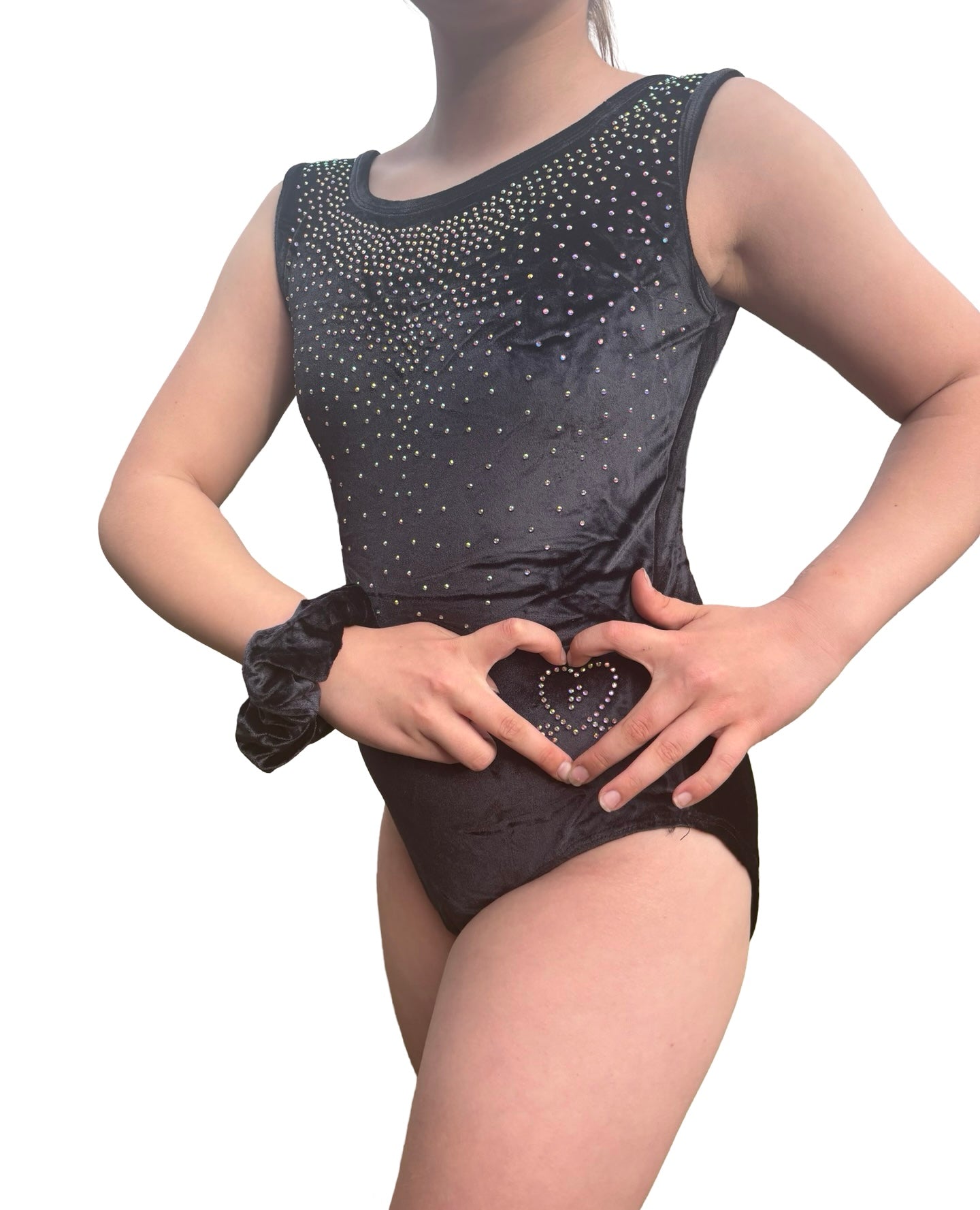Rosa Leotard – Black Velour Gymnastics Leotard with Rhinestones & Matching Scrunchie