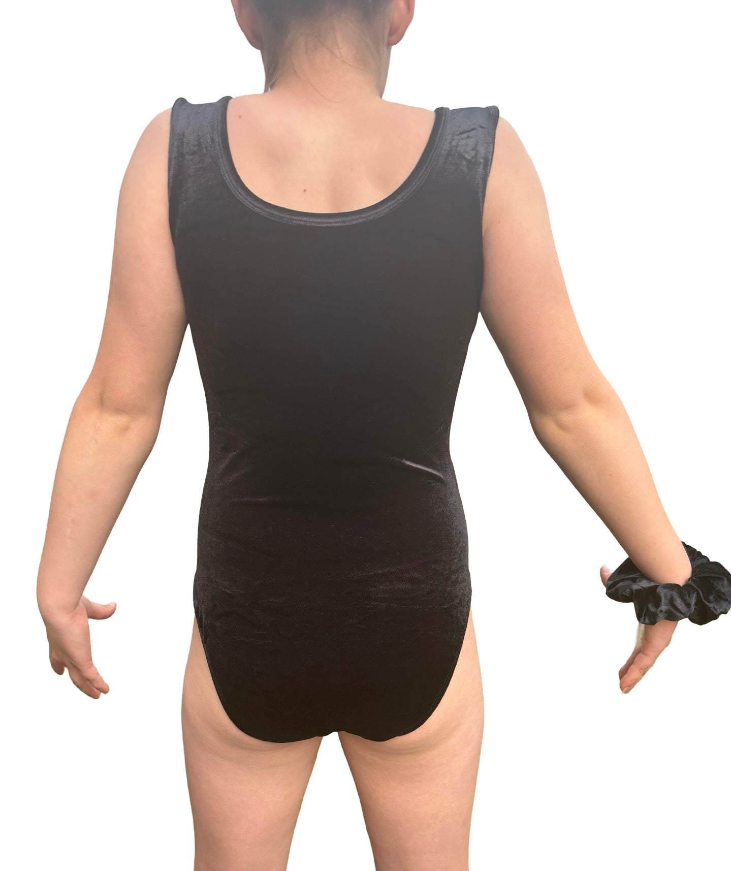 Rosa Leotard – Black Velour Gymnastics Leotard with Rhinestones & Matching Scrunchie