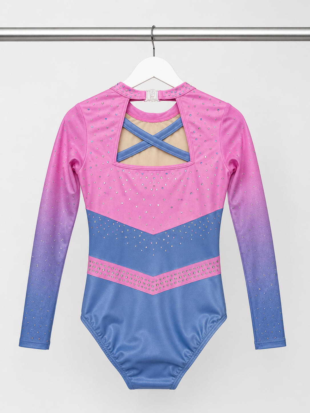 Freya Long Sleeve Gymnastics Leotard – Pink & Blue Rhinestones - Pulse Gymnastics