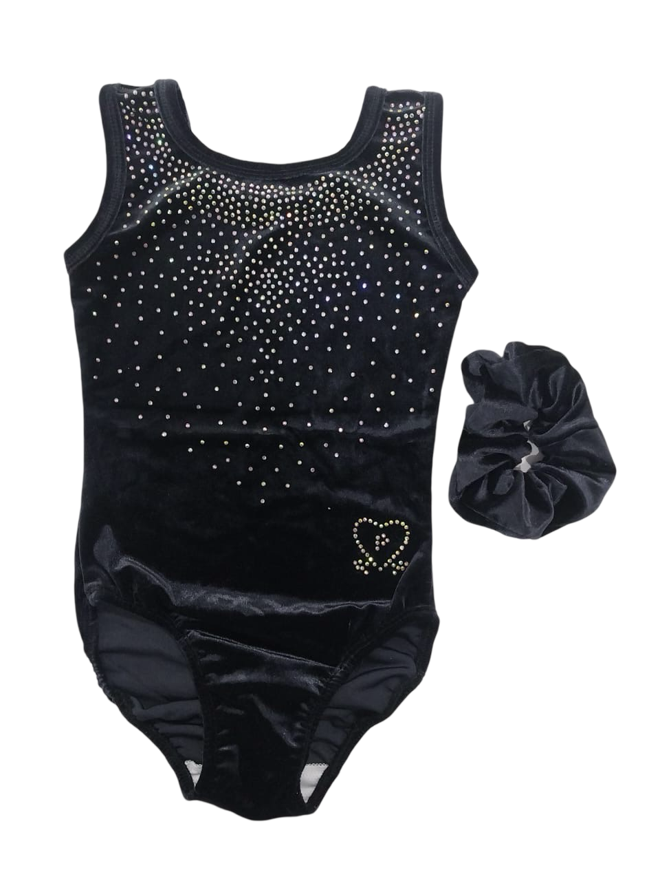 Rosa Leotard – Black Velour Gymnastics Leotard with Rhinestones & Matching Scrunchie