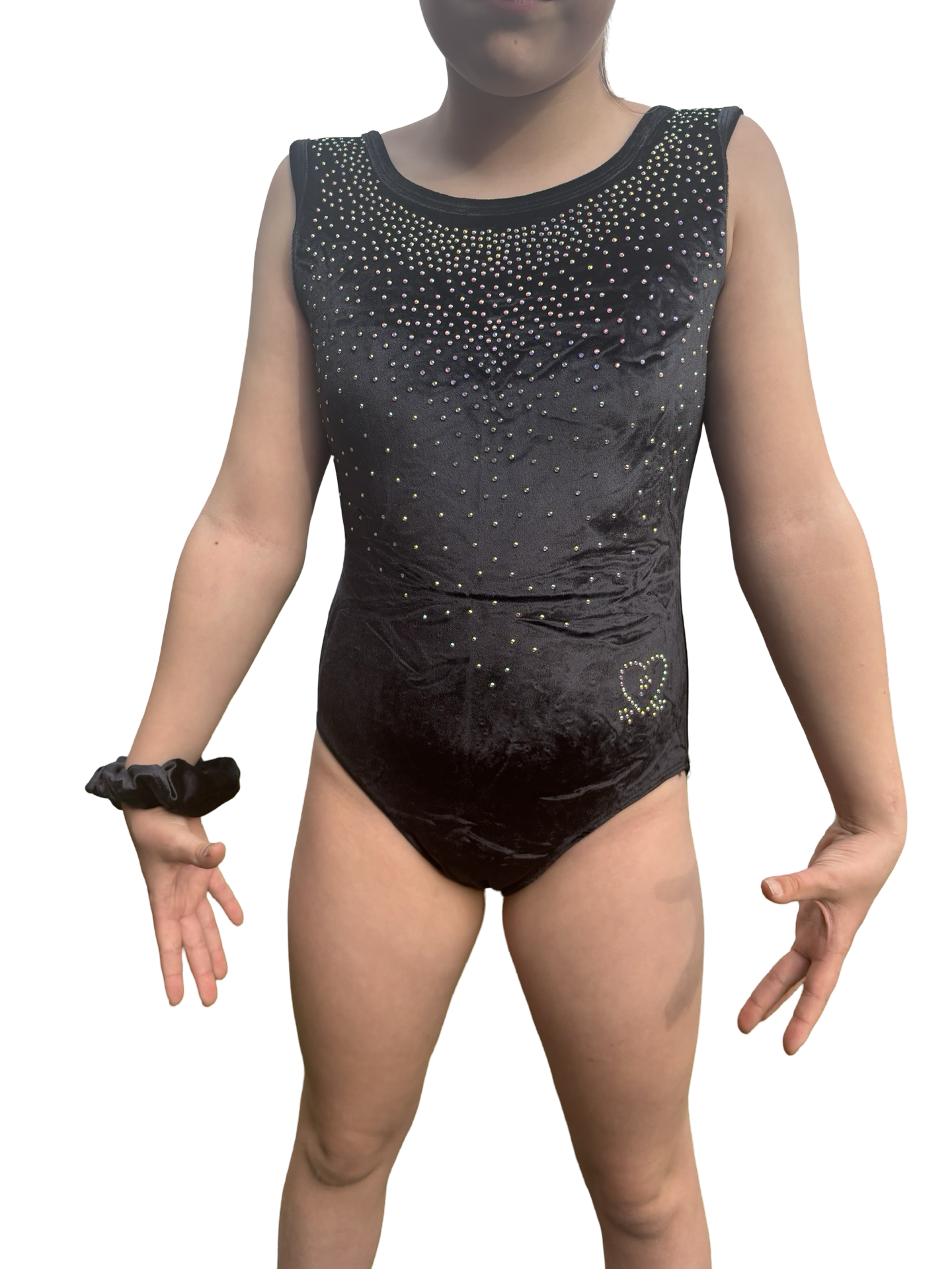 Rosa Leotard – Black Velour Gymnastics Leotard with Rhinestones & Matching Scrunchie