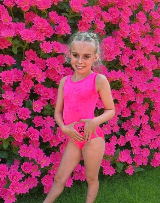 Peony Girls Hot Pink Velour Gymnastics Leotard with Matching Scrunchie