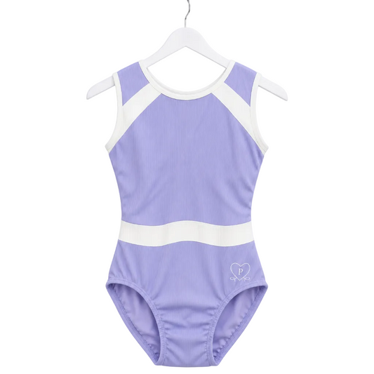 A lavender and white color-blocked sleeveless gymnastics leotard hanging on a white hanger against a white background.