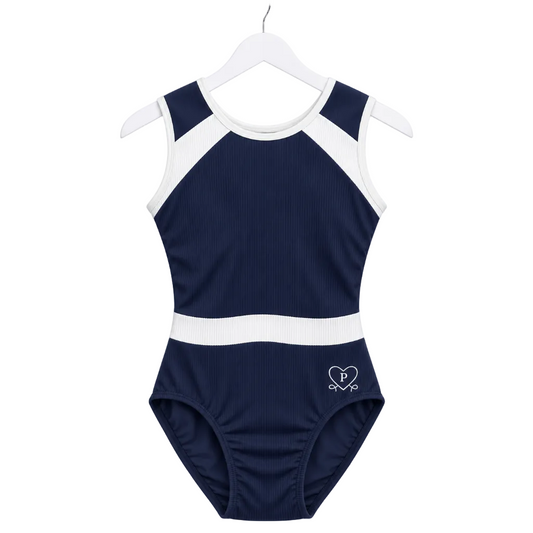 A navy blue and white color-blocked sleeveless gymnastics leotard with a small embroidered logo on the left hip, hanging on a white hanger against a white background.