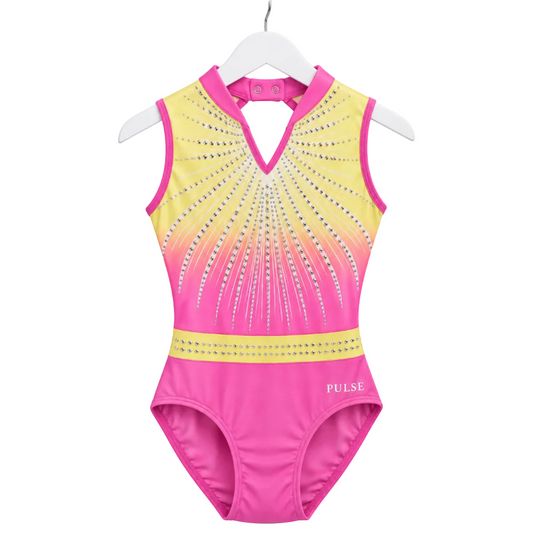 Lottie Leotard - Pink & Yellow Rhinestone Gymnastics Leotard - Pulse Gymnastics