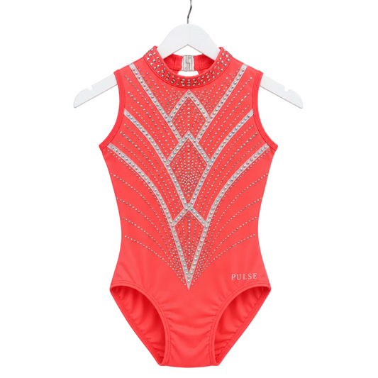 A sleeveless coral pink gymnastics leotard with silver rhinestone geometric patterns on the front, hanging on a white hanger against a white background. The brand name 'PULSE' is printed in white near the lower right leg.