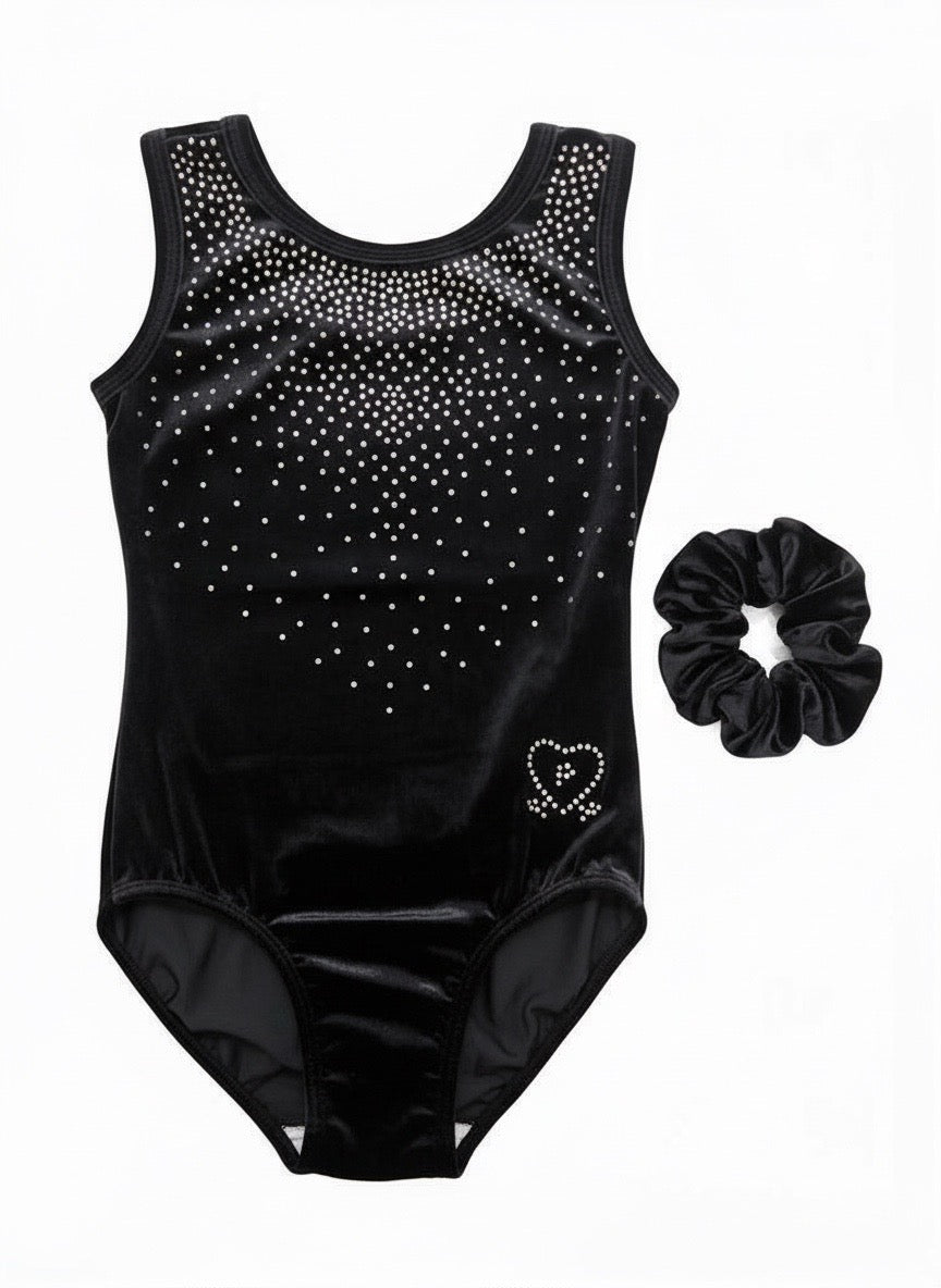 Rosa Leotard – Black Velour Gymnastics Leotard with Rhinestones & Matching Scrunchie