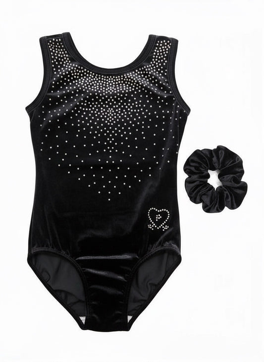 Rosa Leotard – Black Velour Gymnastics Leotard with Rhinestones & Matching Scrunchie