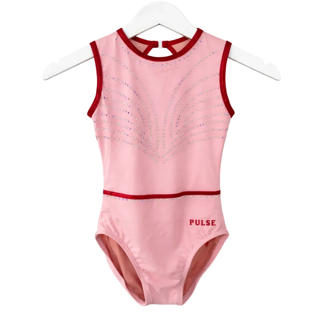 Pink gymnastics leotard with red accents on a white background