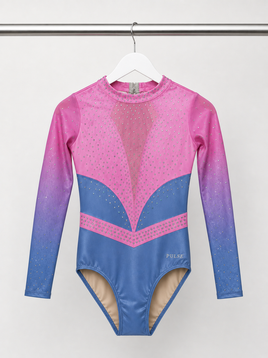 Freya Long Sleeve Gymnastics Leotard – Pink & Blue Rhinestones - Pulse Gymnastics