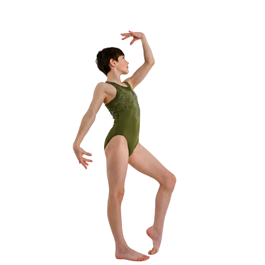 Olive Dream – Criss-Cross Back Gymnastics Leotard with Rhinestones - Pulse Gymnastics