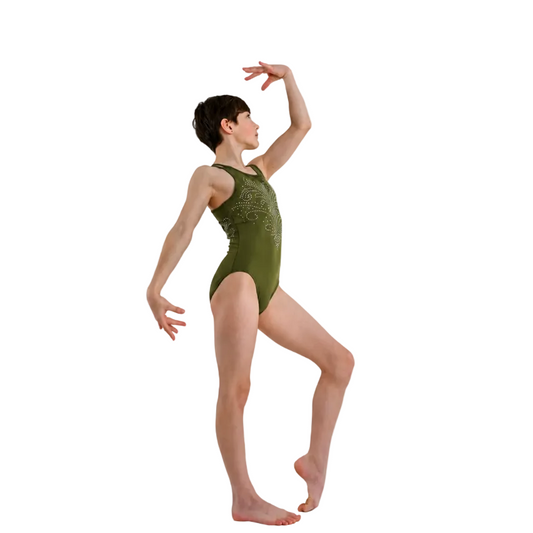 Olive Dream – Criss-Cross Back Gymnastics Leotard with Rhinestones - Pulse Gymnastics